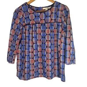 Boden Womens Charlotte Eyelet Blue Multi Plaid Embroidered Top Size 8P